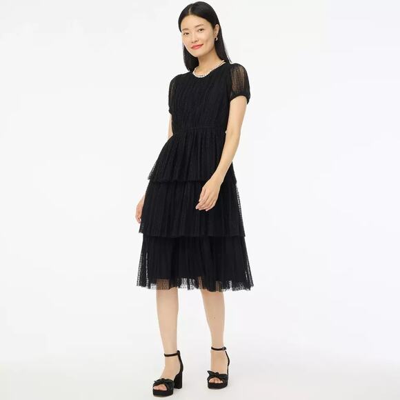 J. Crew Pleated Flock-Dot Puff-Sleeve A-Line Dress in Black Size 8 NWT